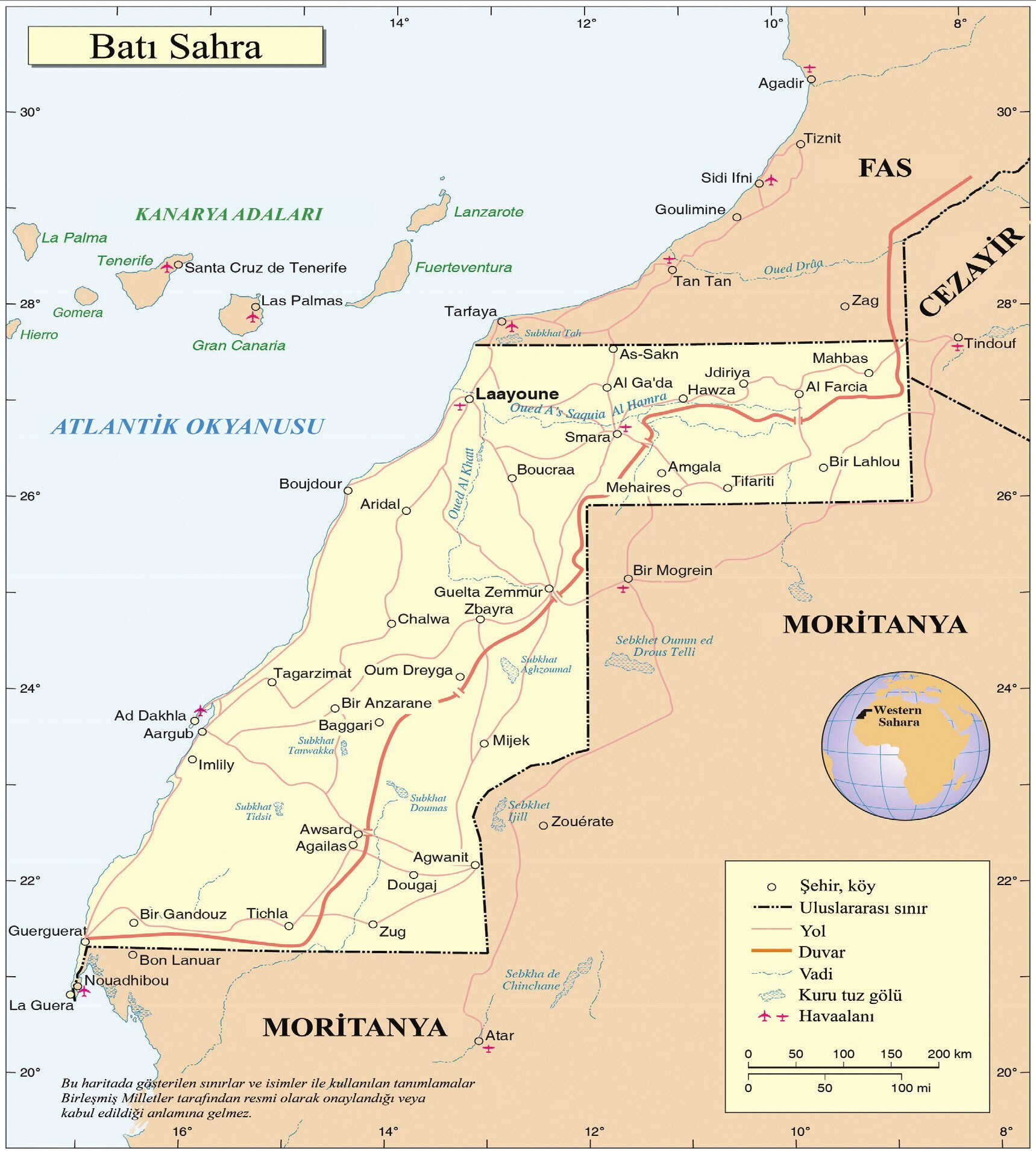 Algeria to the northeast and Mauritania to the east and south (Map: UN, Western Sahara, 10 May 2022).
