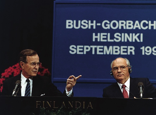 George H. W. Bush and Mikhail Gorbachev at the Helsinki Summit, September 1990.