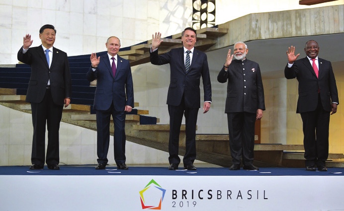 The heads of state and heads of government of the five member states at the eleventh annual BRICS summit in 2019.