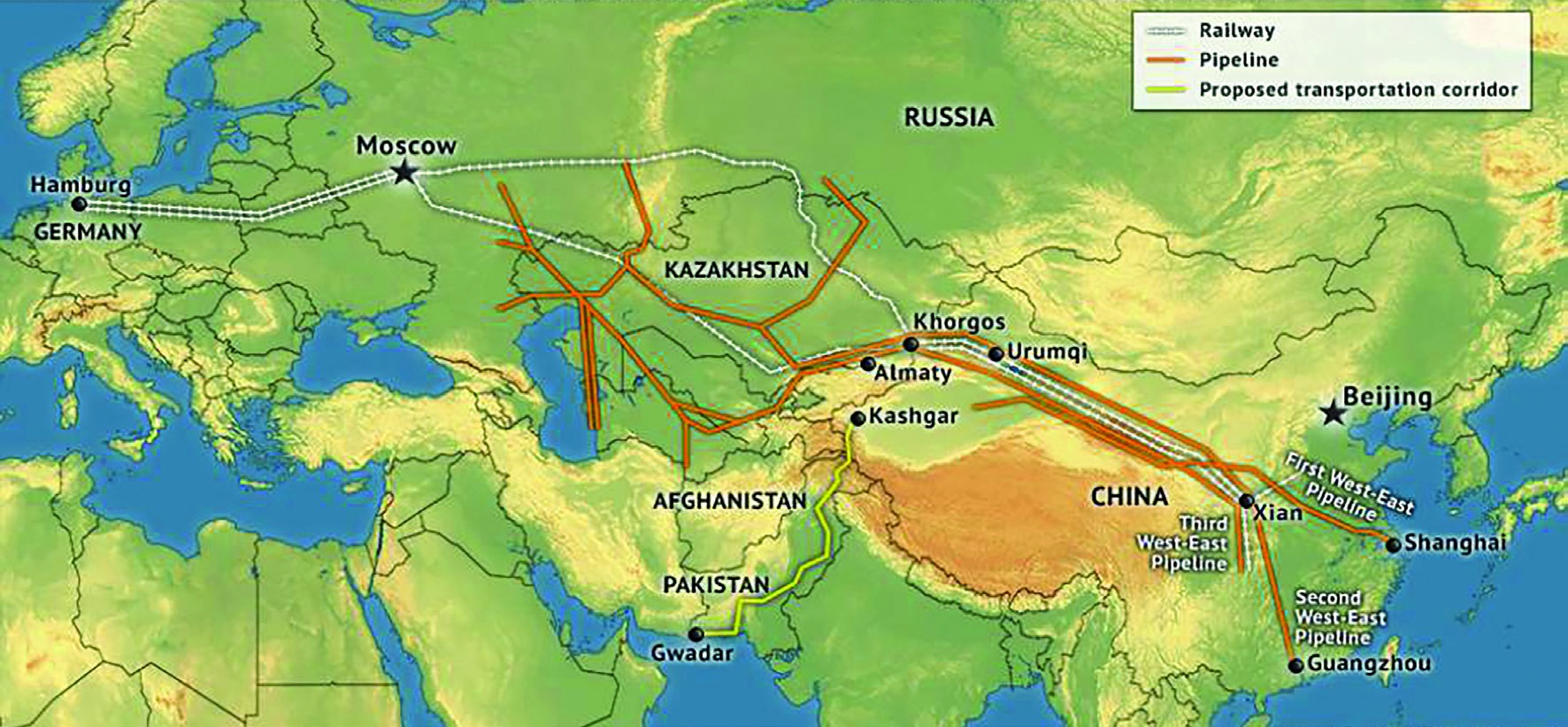 Çin ve Orta Asya bölgeleri boru hattı, demiryolu ve ulaştırma koridorunu gösteren harita.