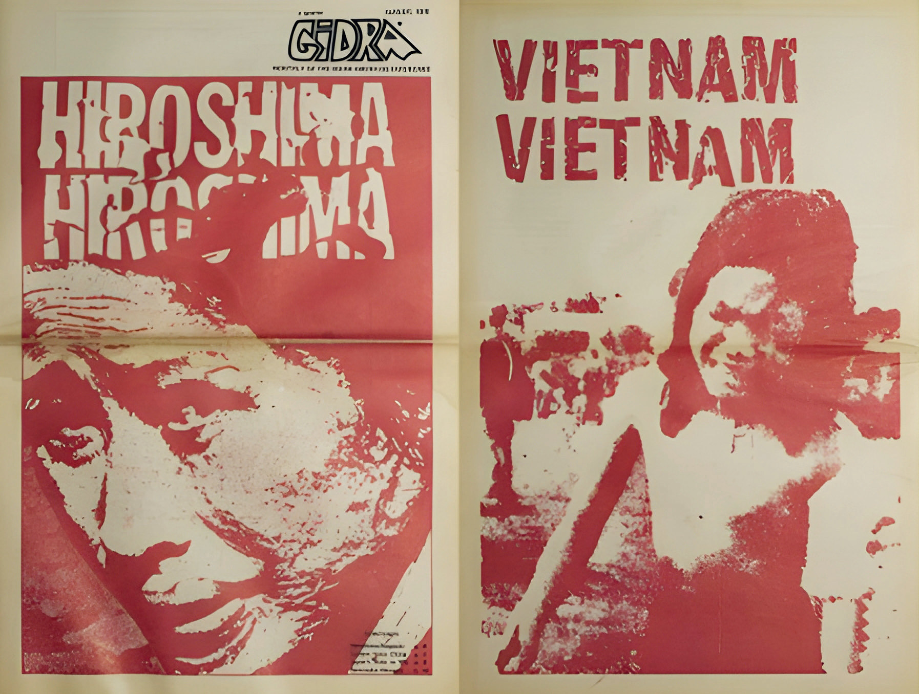 Front and back cover of the August 1972 issue of Gidra, a revolutionary monthly newspaper-magazine published from 1969 to 1974. During this period, the use of napalm and other chemical weapons in Vietnam was often compared to the atomic bomb dropped on Hiroshima (Photograph: Gidra, 1972).