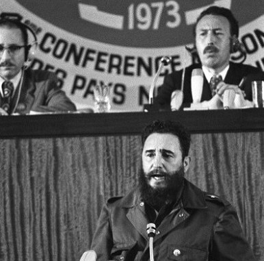 Fidel Castro, the Cuban leader, addresses the Non-Aligned Movement Summit in Algeria alongside Algerian President Boumedienne, 1973 (Photograph: Cuban Ministry of Foreign Affairs, 2023).