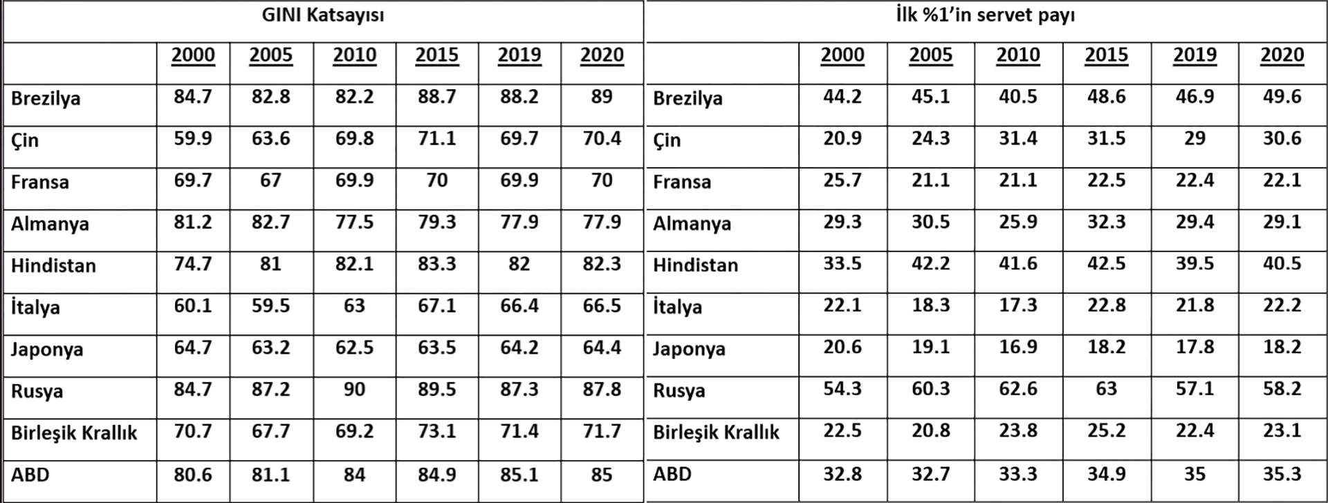 Şekil 10 Gini katsayısı ve en zengin %1'in servet payı