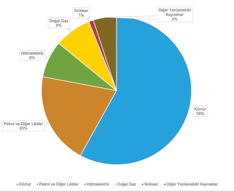 Şekil 9. Çin’in 2019 yılında yakıt cinsine göre toplam birincil enerji tüketimi https://www.eia.gov/totalenergy/data/browser