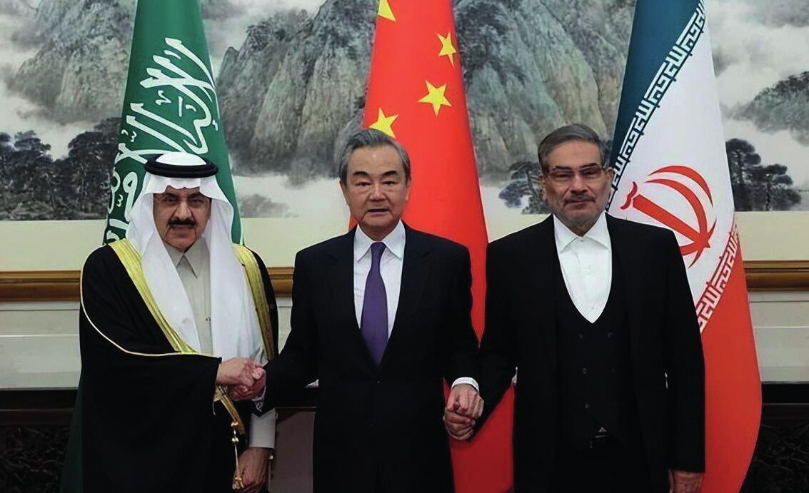 Saudi Arabia’s Minister of State Musaad bin Mohammed Al-Aiban (left), Foreign Minister of the People’s Republic of China Wang Yi (middle), Secretary General of Iran’s Supreme National Security Council Ali Shamkhani (right). The role China played in Beijing in March 2023 to bring about a rapprochement between Iran and Saudi Arabia is crucial (Photo: CGTN, 2023).