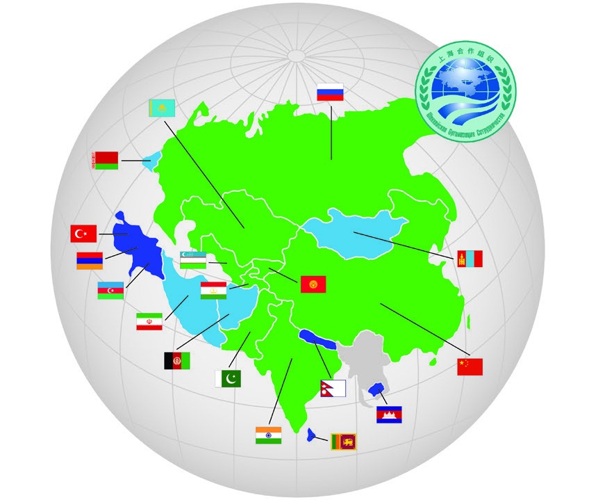 SCO map: Green: members; Light blue: observers; Dark blue: dialogue partners.