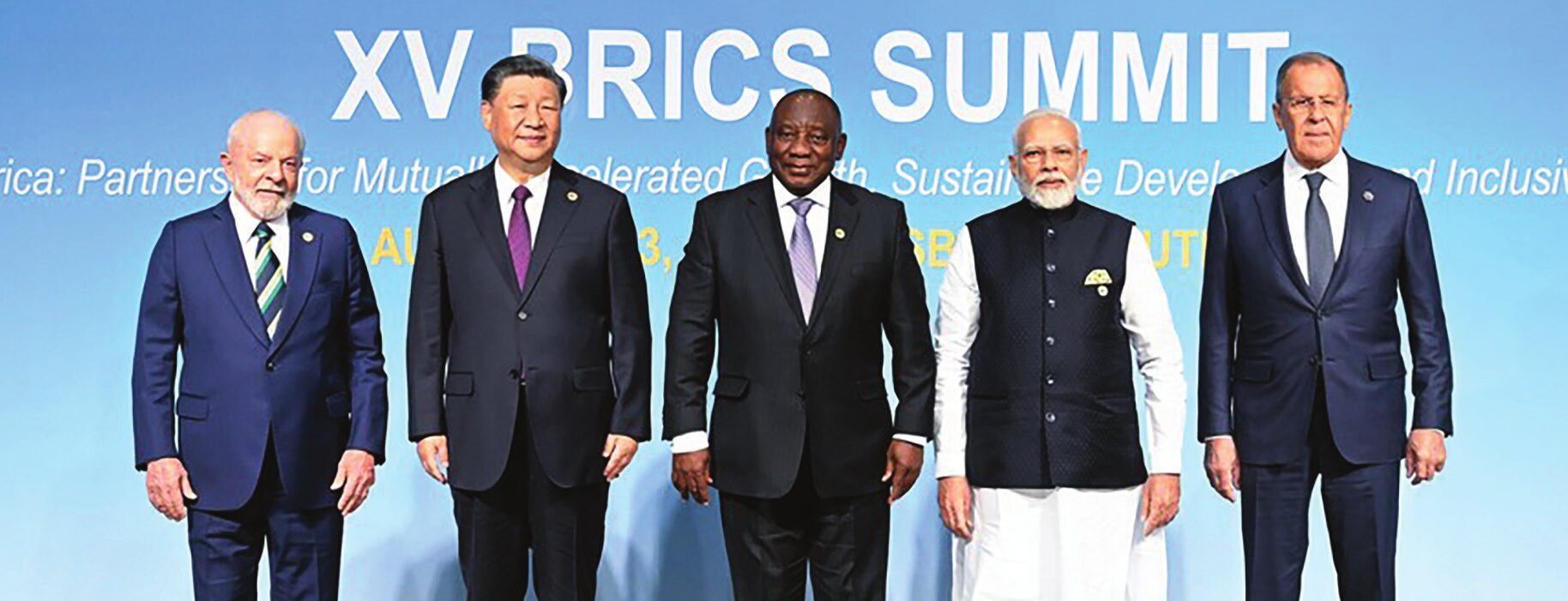 President of Brazil Luiz Inacio Lula da Silva, President of China Xi Jinping, President of South Africa Cyril Ramaphosa, Prime Minister of India Narendra Modi and Foreign Minister of Russia Sergei Lavrov are at the 15th BRICS Summit (Photo: Xinhua, 2023).