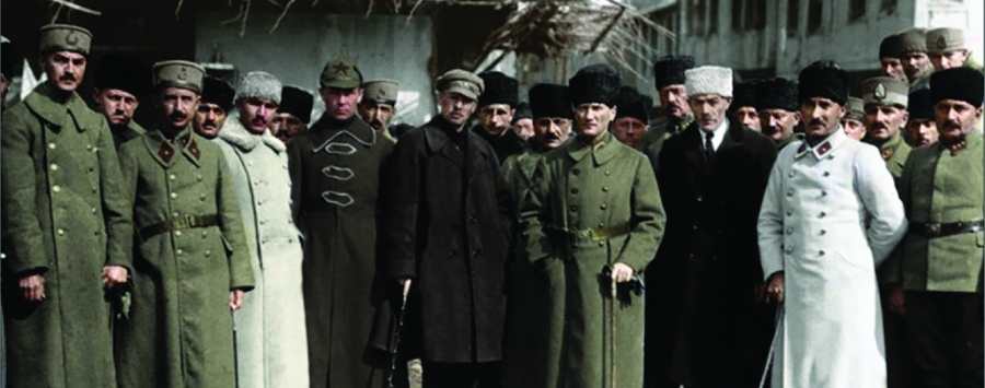 On March 31, 1922, Afyonkarahisar, Mustafa Kemal Atatürk and the delegation from the Russian Soviet Federative Socialist Republic. From left to right: Chief of Staff of the Western Front Command Asım Gündüz, Commander of the Western Front Major General İsmet İnönü, Soviet Russian representative K.K. Zvonarev, Soviet Russian Ambassador Semyon Aralov, Representative of the Azerbaijan Soviet Socialist Republic İbrahim Ebilov, and Commander of the First Army Ali İhsan (Afyon Kocatepe University, 2023).