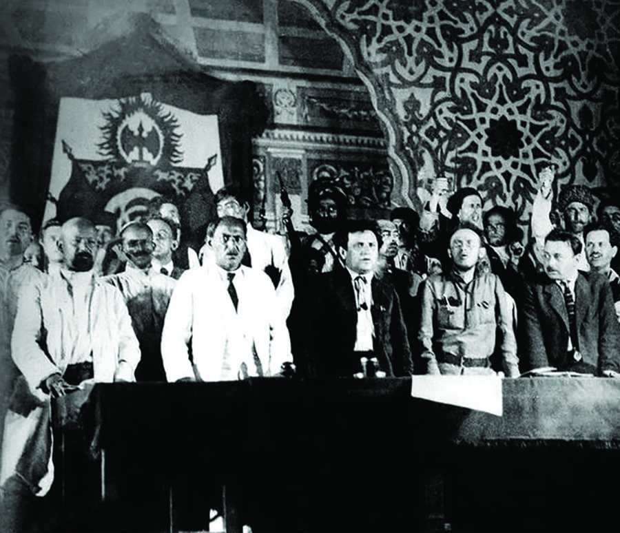 Baku Congress of the Peoples of the East. On the podium (second from the left) N. Narimanov, G. Zinoviev, K. Radek. Baku, September 1920 (Azerbaijan Presidential Library, 1920).