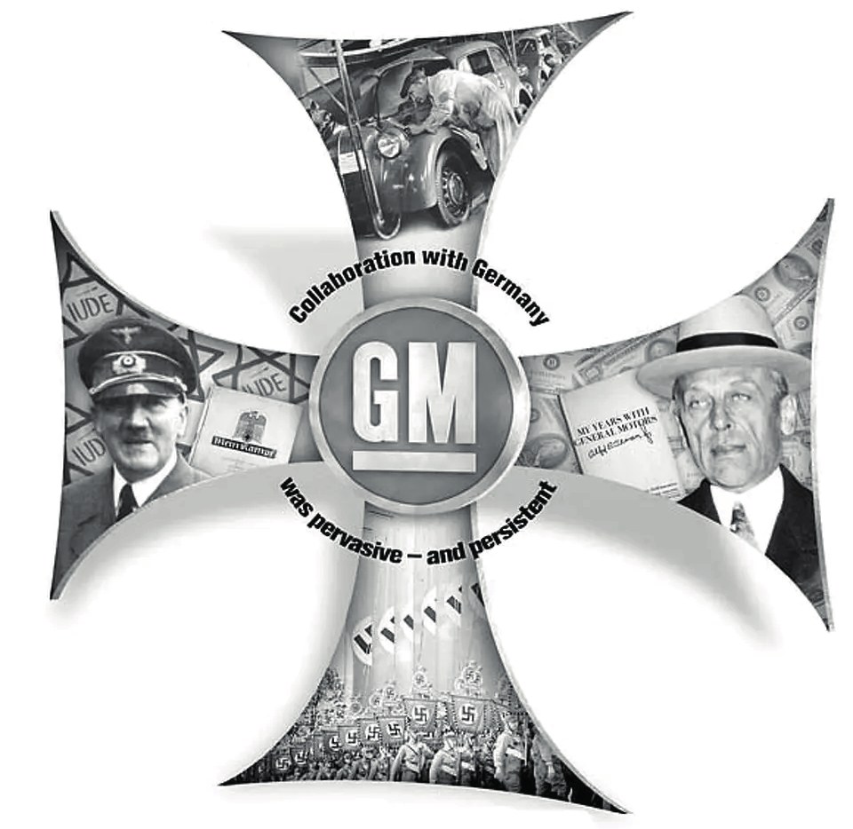 “With the rearmament that began in 1935, Ford and GM ultimately produced 90,000 and 130,000 military vehicles for the Wehrmacht, respectively” (Illustration: Rick Nobles, Chronicle/Sfgate, 2007).