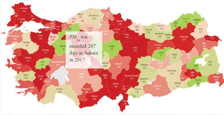 Figure 9. PM10 exceedance days in one year in Turkey (Nur, 2018)