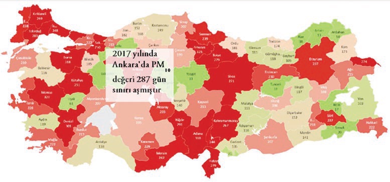 Şekil 9. Türkiye’nin yıl boyu PM10 değerlerinin aşım gün sayıları (Nur, 2018)