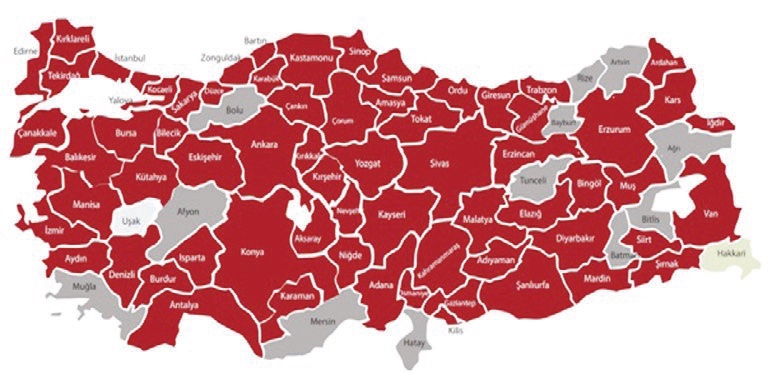 Şekil 10. Türkiye’de 2019 yılında 50 PM10 µg/m3 aşımları 2019. (TMMOB Çevre Mühendisleri Odası 2019)