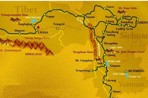 İpek Yolu’nun güney güzergahı olan “Antik Çay-At Yolu” haritası. (China Daily, 2013)