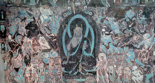 Resim 6. “Mara’nın Alt Edilmesi” hikayesinin duvar resmi, Mogao 254 nolu mağara, Kuzey Wei dönemi, yükseklik 118 cm., genişlik 229 cm., Dunhuang / ÇHC