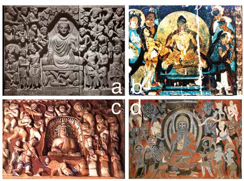 Resim 11. (a) Gandhara Okulu, MS 4. yüzyıl, Gandhara / Pakistan. (b) Kızıl 76 nolu mağara, 7. yüzyıl, Xinjiang / ÇHC. (c) Yungang mağara tapınakları 10. mağara, Kuzey Wei, 5. yüzyıl, Datong / ÇHC. (d) Mogao 428 nolu mağara, Kuzey Zhou dönemi, 5. yüzyıl, Dunhuang / ÇHC. Tüm bu örnekler “Mara’nın Alt Edilmesi” konusunu işlemektedir ve Buda merkezli kompozisyon örgütlenmesiyle betimlenmiştir.