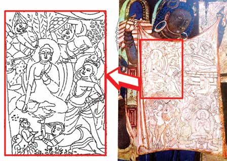 Picture 12. "The Defeat of Mara", Red cave temples Cave 205, 5th Century, Xinjiang / PRC. A storyteller in the painting depicts the Buddha's life story in four scenes. In the upper left corner of the painting, the scene of "The Defeat of Mara" is depicted.