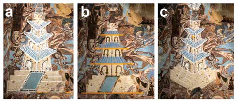 Picture 16. (a) Simultaneous depiction of the White Stupa from the front and from above. (b) Image of the White Stupa depicted entirely from the front view. (c) Image of the White Stupa depicted entirely from a top view.