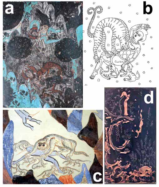 Picture 18. (a) Kizil Cave no. 178, Xinjiang / PRC. (b) Kizil Cave no. 47, Xinjiang / PRC. (c) Mogao Cave no. 427 (Northern Zhou period), Dunhuang / PRC. (d) Horyuji Temple (7th Century), Nara / Japan. In all of these examples, Sattva's self-sacrifice scene was chosen as the most popular scene. With the repetitions of the Sattva figure, two separate scenes of the plot are depicted in one frame.