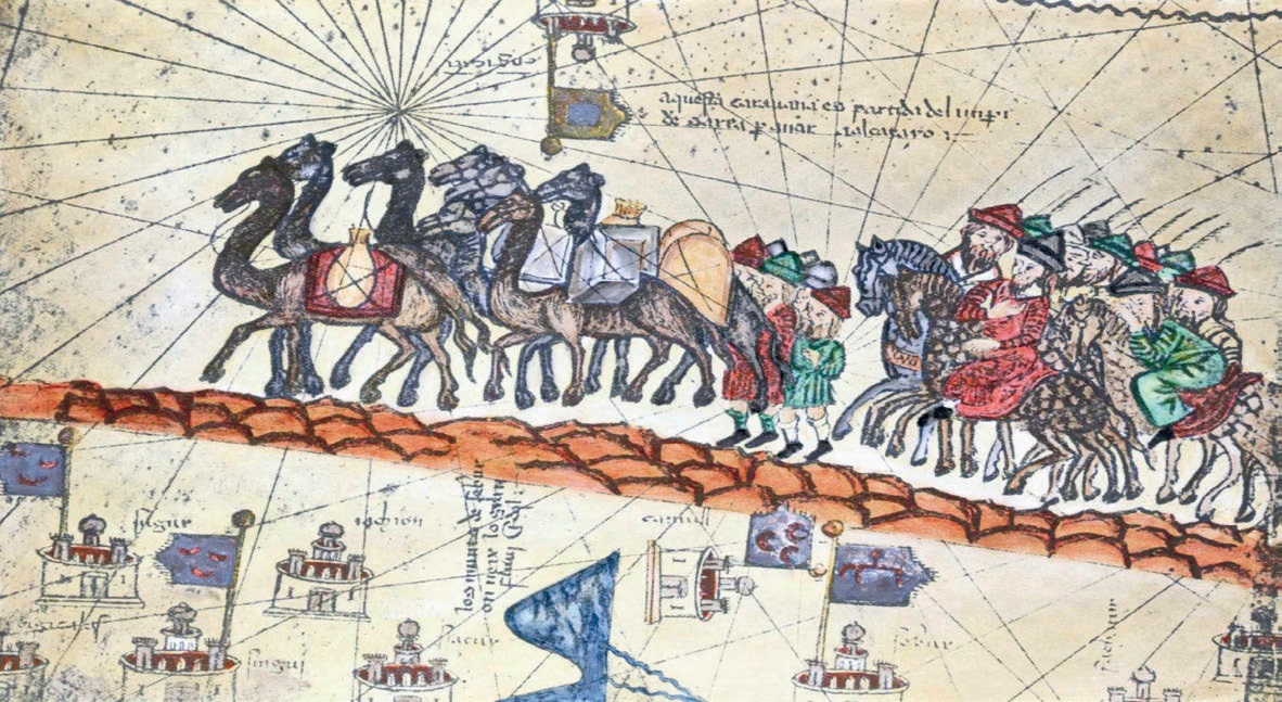 13.yüzyılda Marco Polo’nun babası Niccolo Polo ve amcası Maffeo Polo’ya ait Asya’dan geçen bir kervanı gösteren tablo. (CGTN, 2017)
