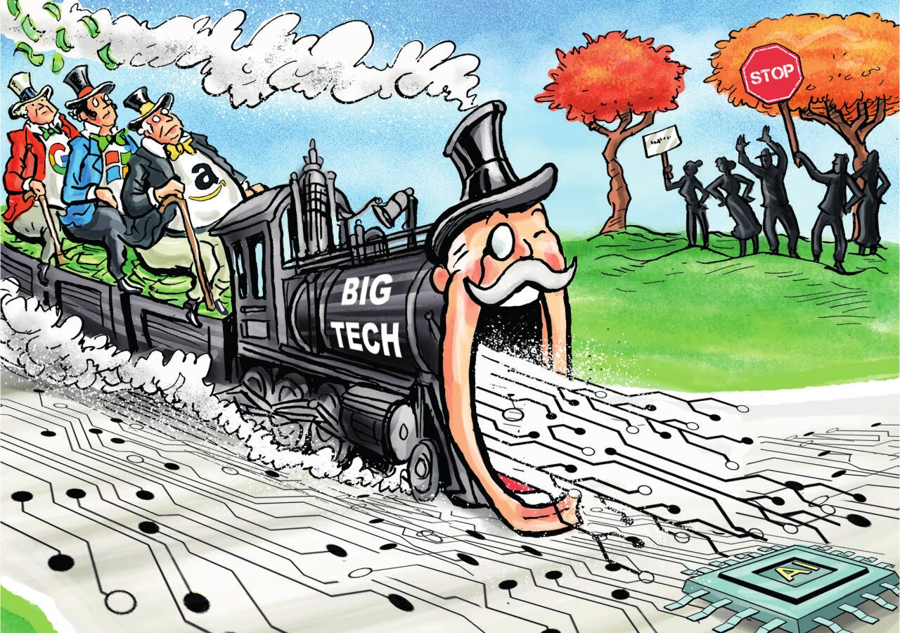 “The monopolization presents a significant challenge for Global South countries attempting to build their innovation systems” (Cartoon: CGTN, 2019).