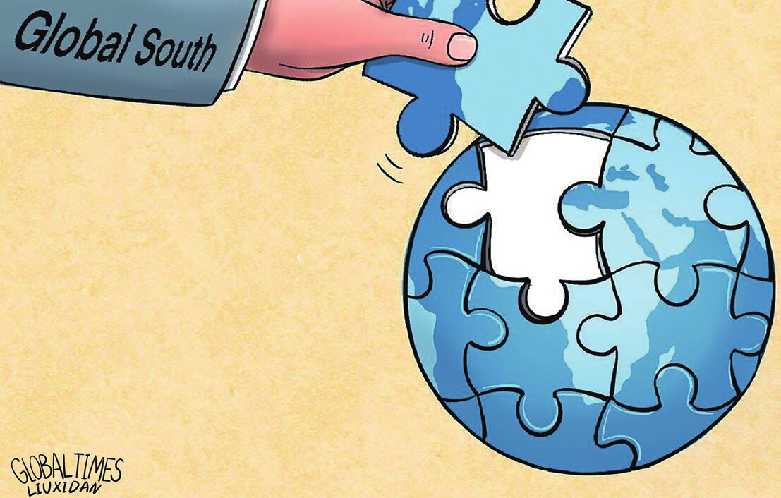 Various development initiatives led by China, including the Belt and Road Initiative and the Global Development Initiative, focus on the goal of building a future society common to humanity (Cartoon: Liu Xidan/Global Times, 2024).