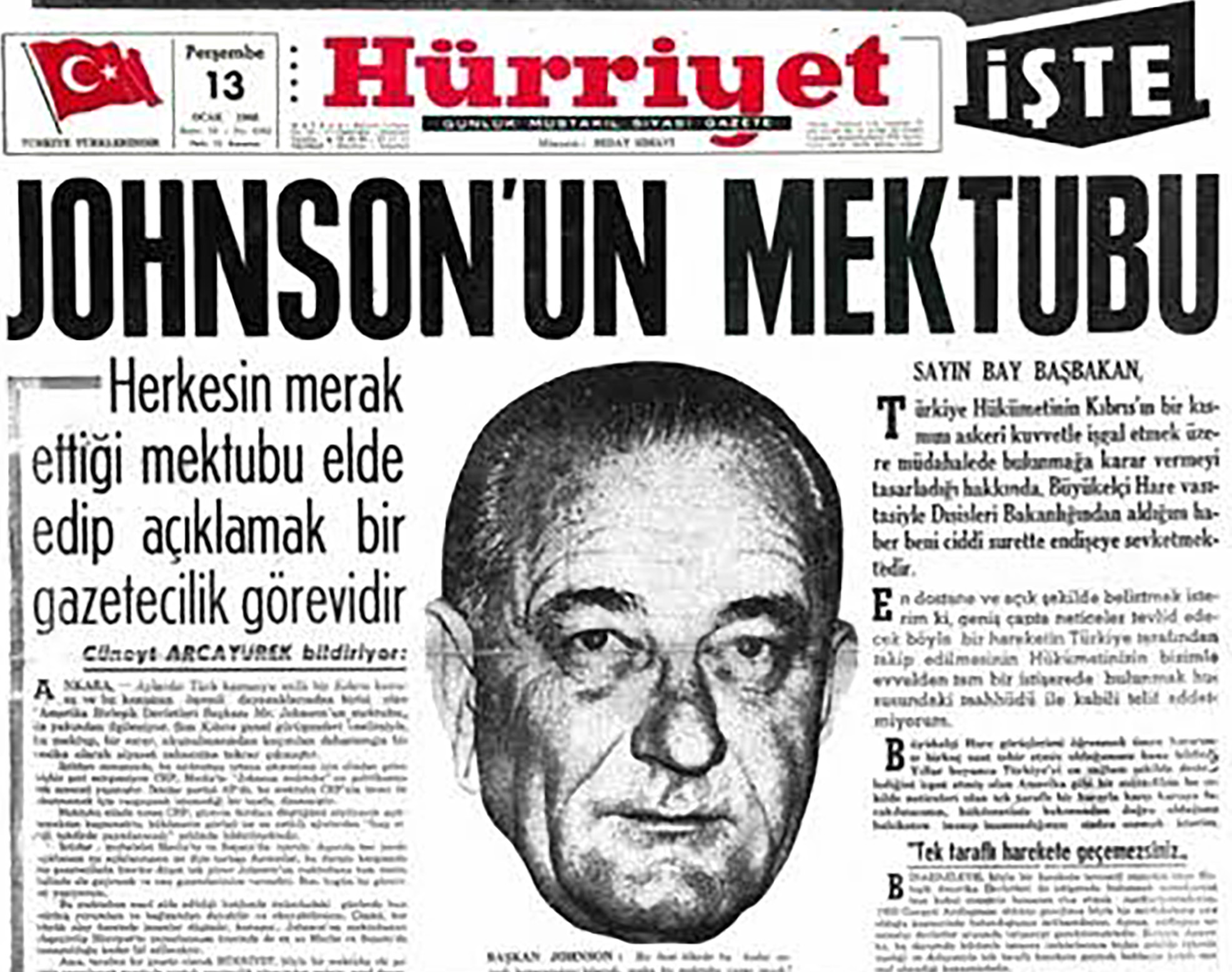 Letter from US President Johnson to Prime Minister İnönü, warning Turkey about the intervention in Cyprus (Hürriyet, 13 January 1966).