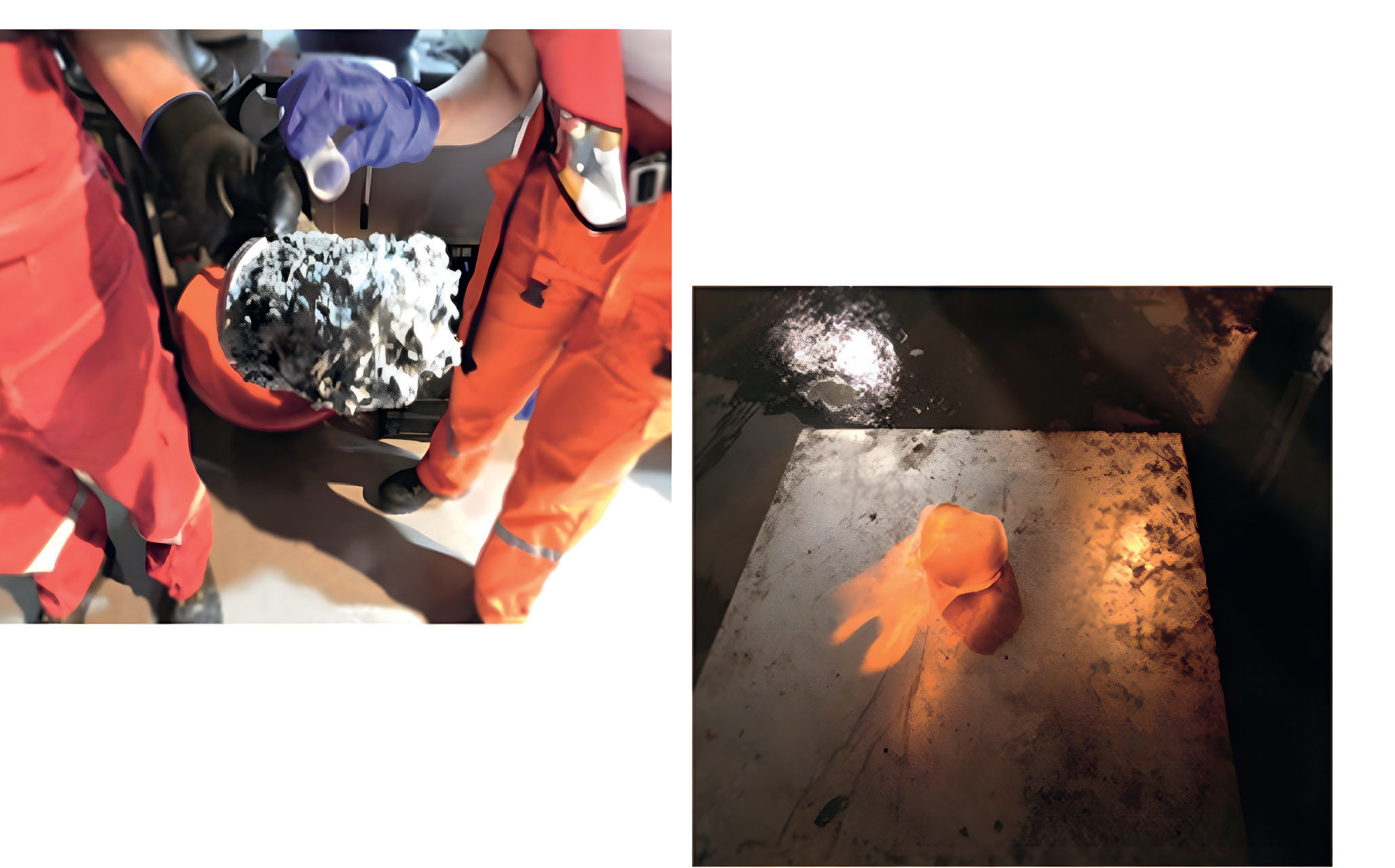 Figure 2. Images of recovered gas hydrates from the seafloor and their appearance when burned in the western Black Sea (Figure: TP-DEPARK Project Report, 2018).