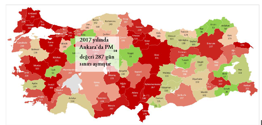 Şekil 9. Türkiye'nin Yıl Boyu PM10 Değerlerinin Aşım Gün Sayıları (Nur, O. K. 2018)