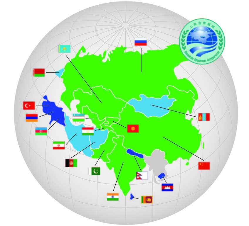 ŞİÖ haritası: Yeşil: Üyeler; Açık mavi: Gözlemciler; Koyu mavi: Diyalog Ortakları.