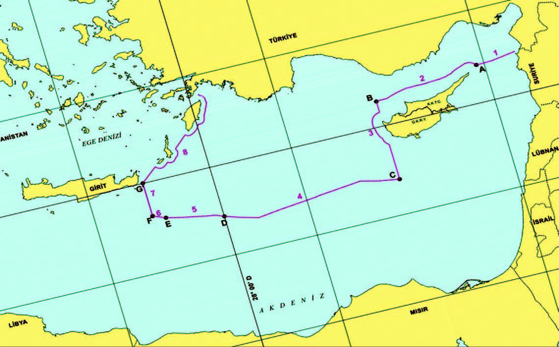 Türkiye'nin Doğu Akdeniz'deki deniz yetki alanları. E-F arası Libya ile anlaşmada çizilen sınır.